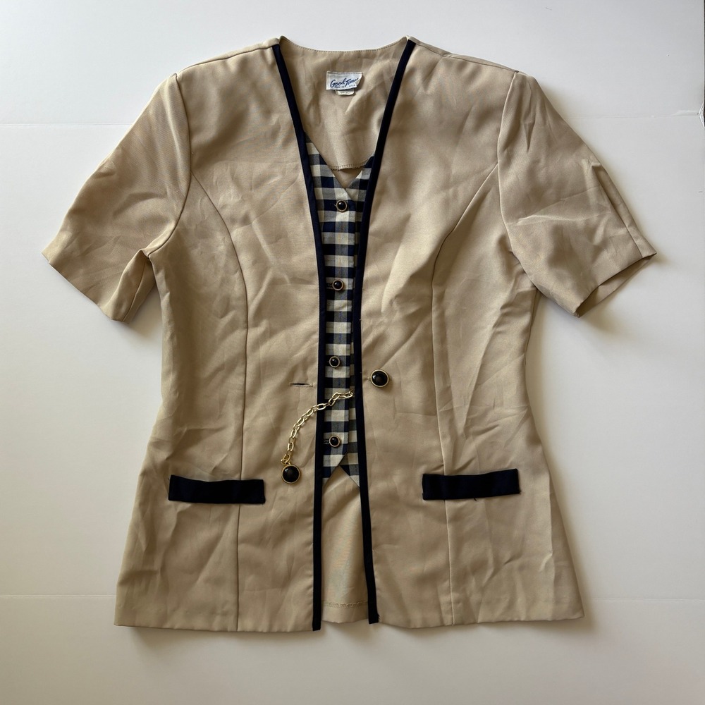 Vintage Good Times USA Tan Gingham Mock Vest Blazer Top Chain Detail Size 12